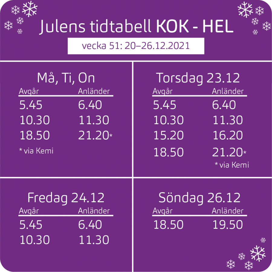 Tidtabell julen 2021 KOK-HEL