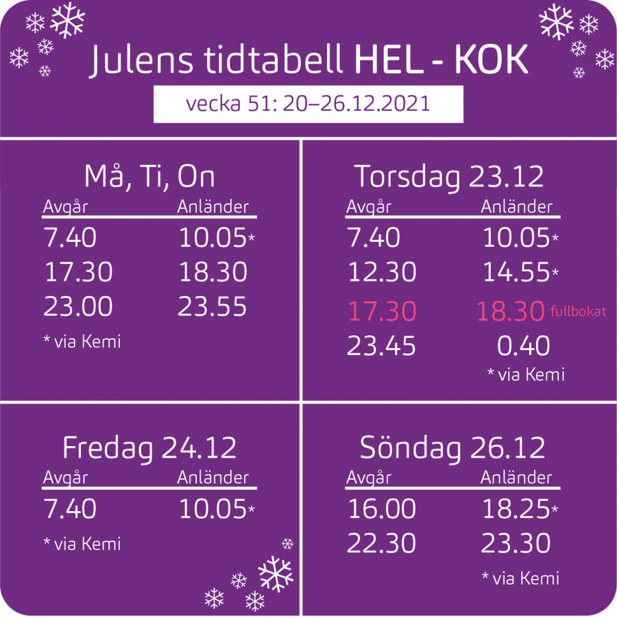 Tidtabell julen 2021 HEL-KOK